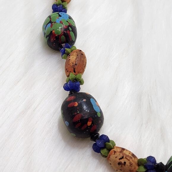 Hand-Painted Cork Beaded Necklace | Rustic Green & Brown Beads - Picture 3 of 4